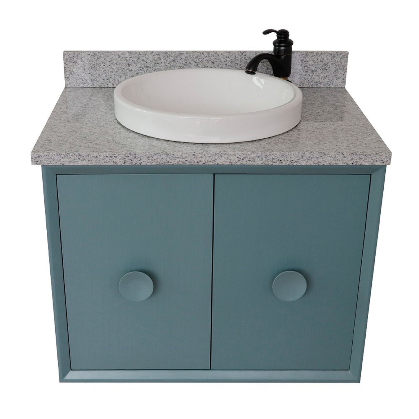 31" Single wall mount vanity in Aqua Blue finish with Gray granite top and round sink