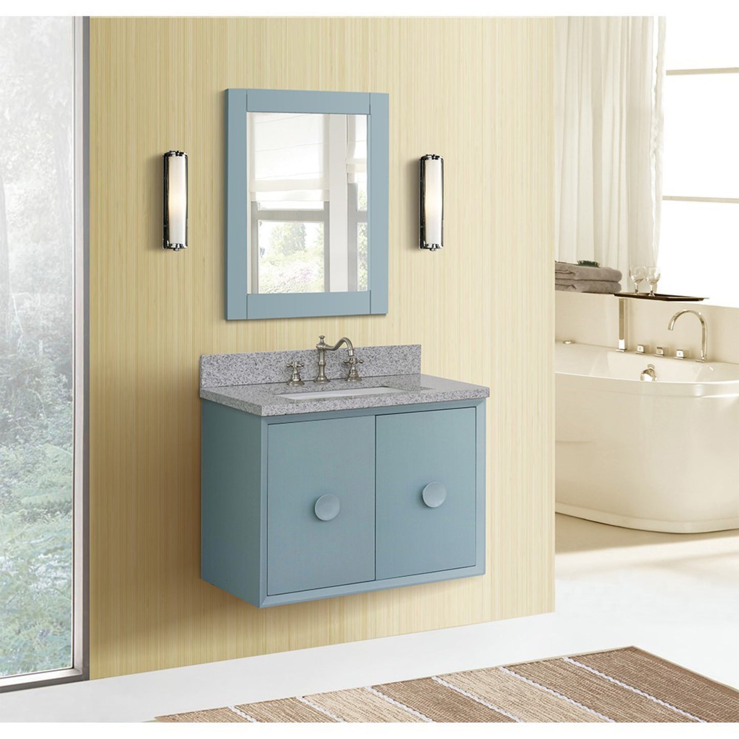 31" Single wall mount vanity in Aqua Blue finish with Gray granite top and rectangle sink