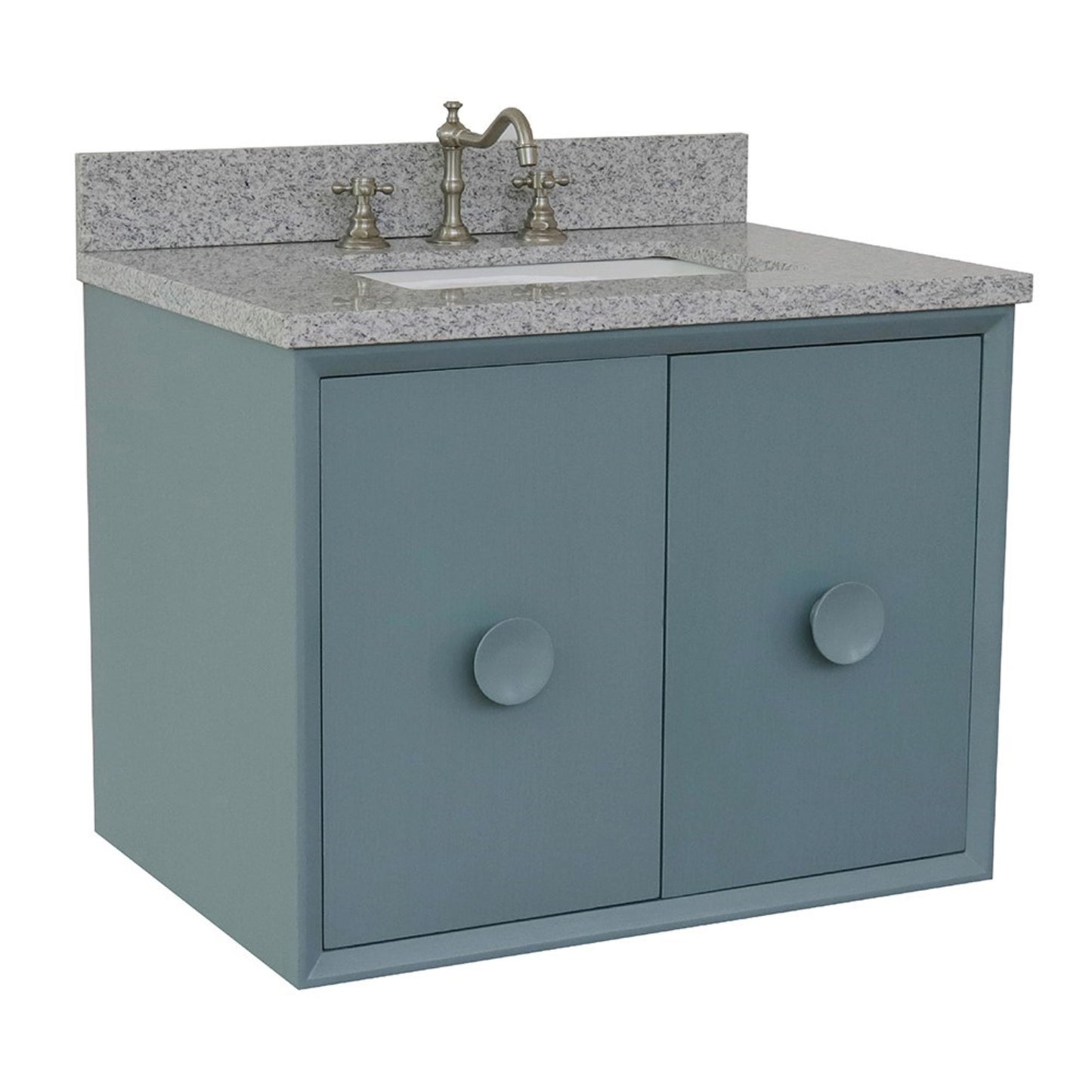 31" Single wall mount vanity in Aqua Blue finish with Gray granite top and rectangle sink