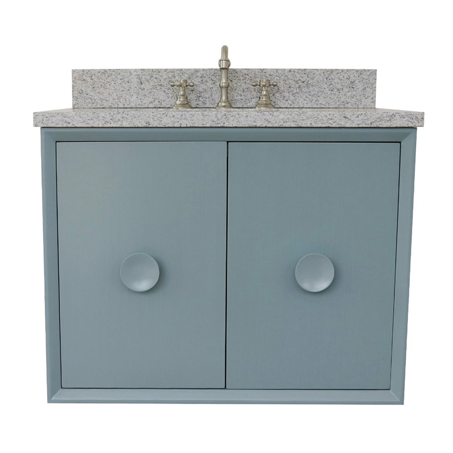 31" Single wall mount vanity in Aqua Blue finish with Gray granite top and rectangle sink