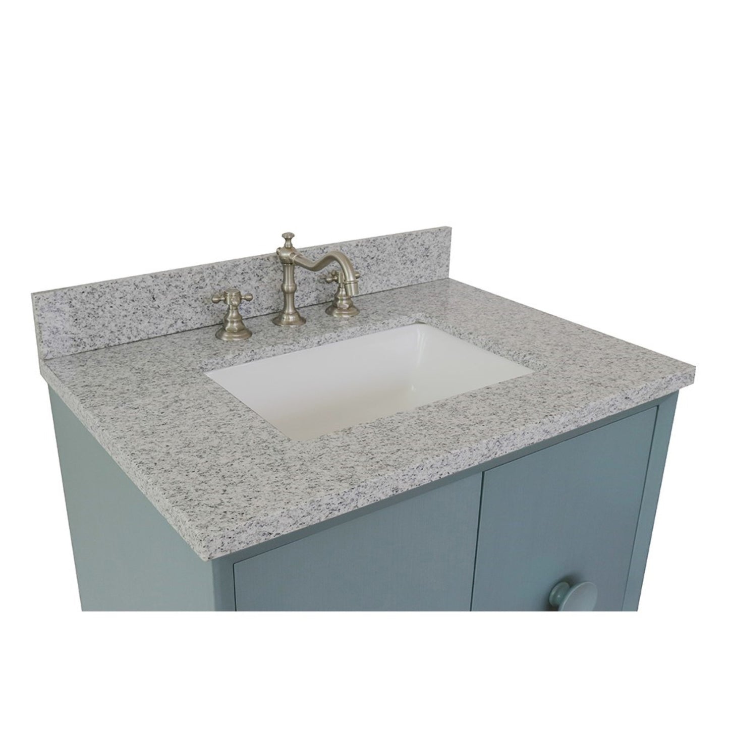31" Single wall mount vanity in Aqua Blue finish with Gray granite top and rectangle sink