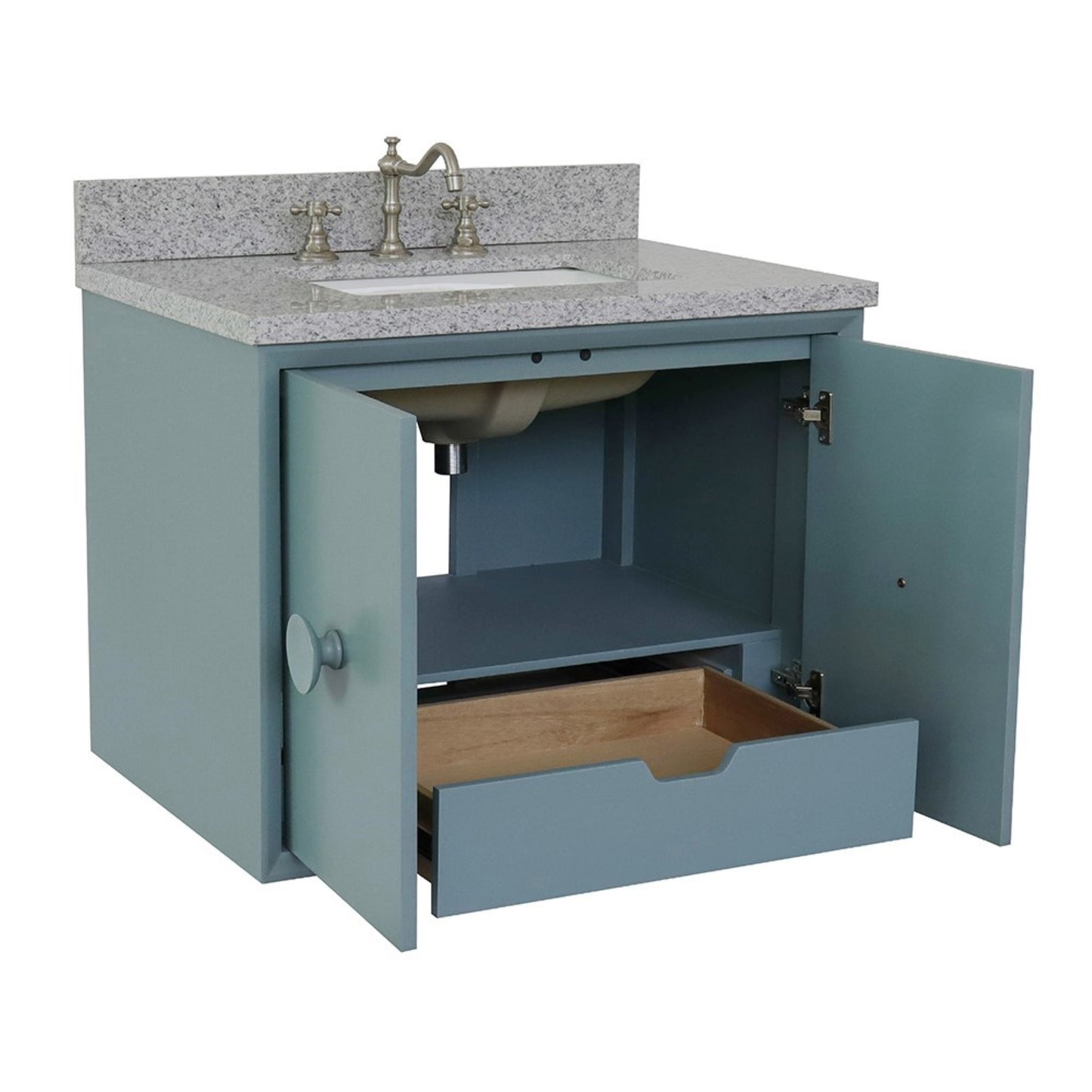 31" Single wall mount vanity in Aqua Blue finish with Gray granite top and rectangle sink