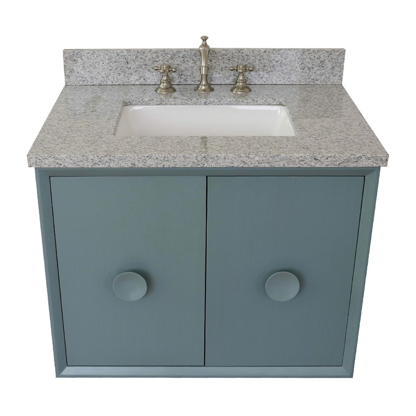 31" Single wall mount vanity in Aqua Blue finish with Gray granite top and rectangle sink