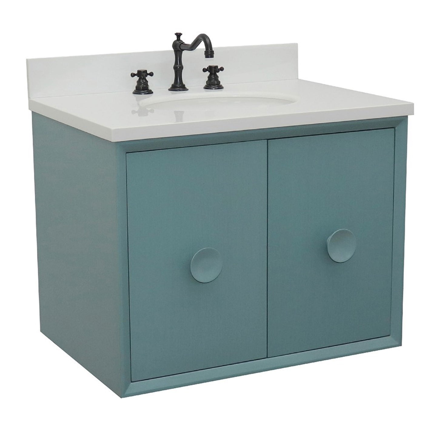 31" Single wall mount vanity in Aqua Blue finish with White engineered stone top and oval sink