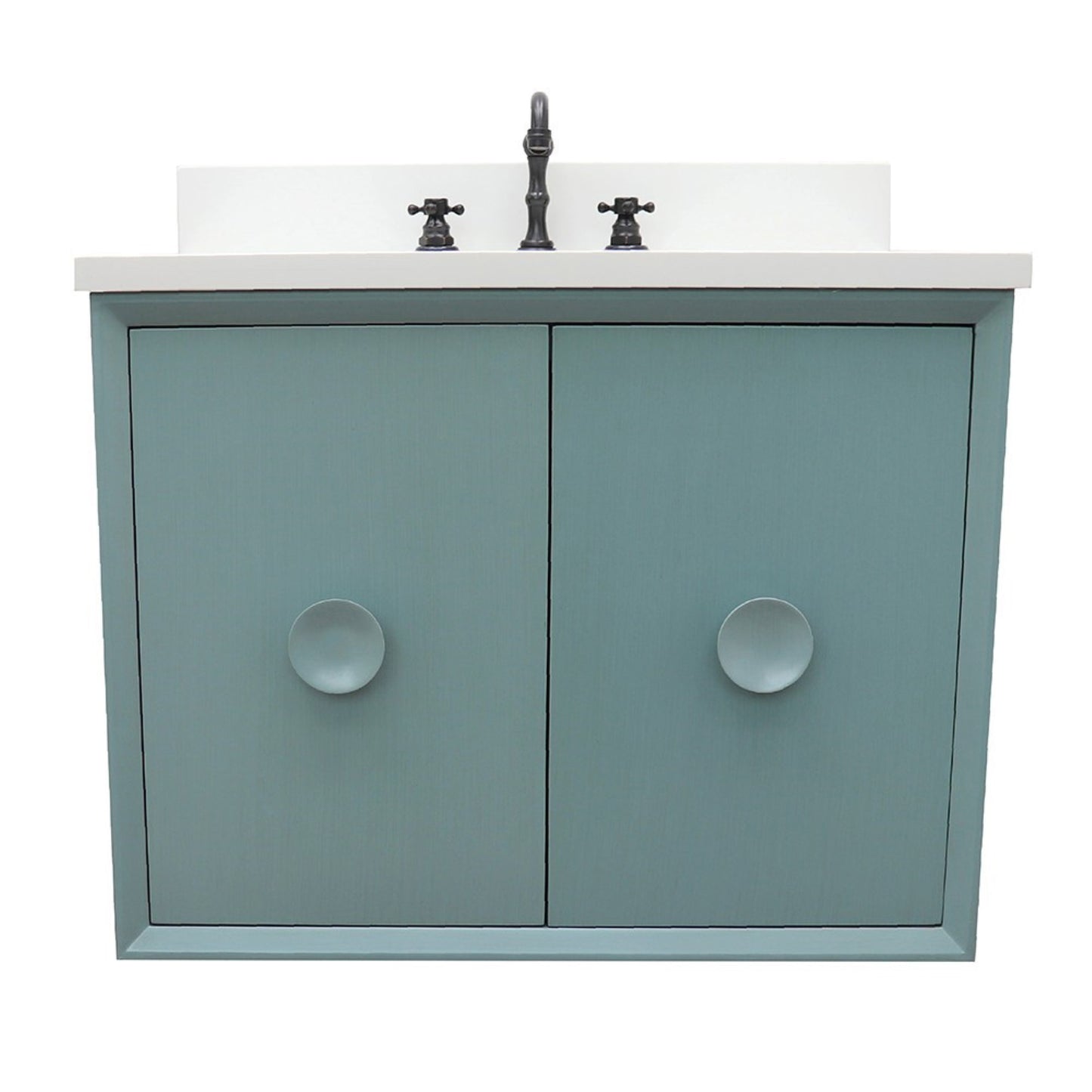 31" Single wall mount vanity in Aqua Blue finish with White engineered stone top and oval sink