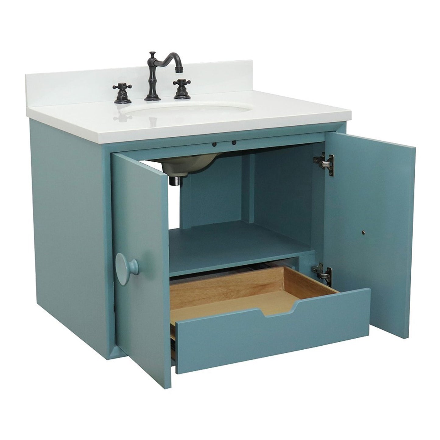 31" Single wall mount vanity in Aqua Blue finish with White engineered stone top and oval sink