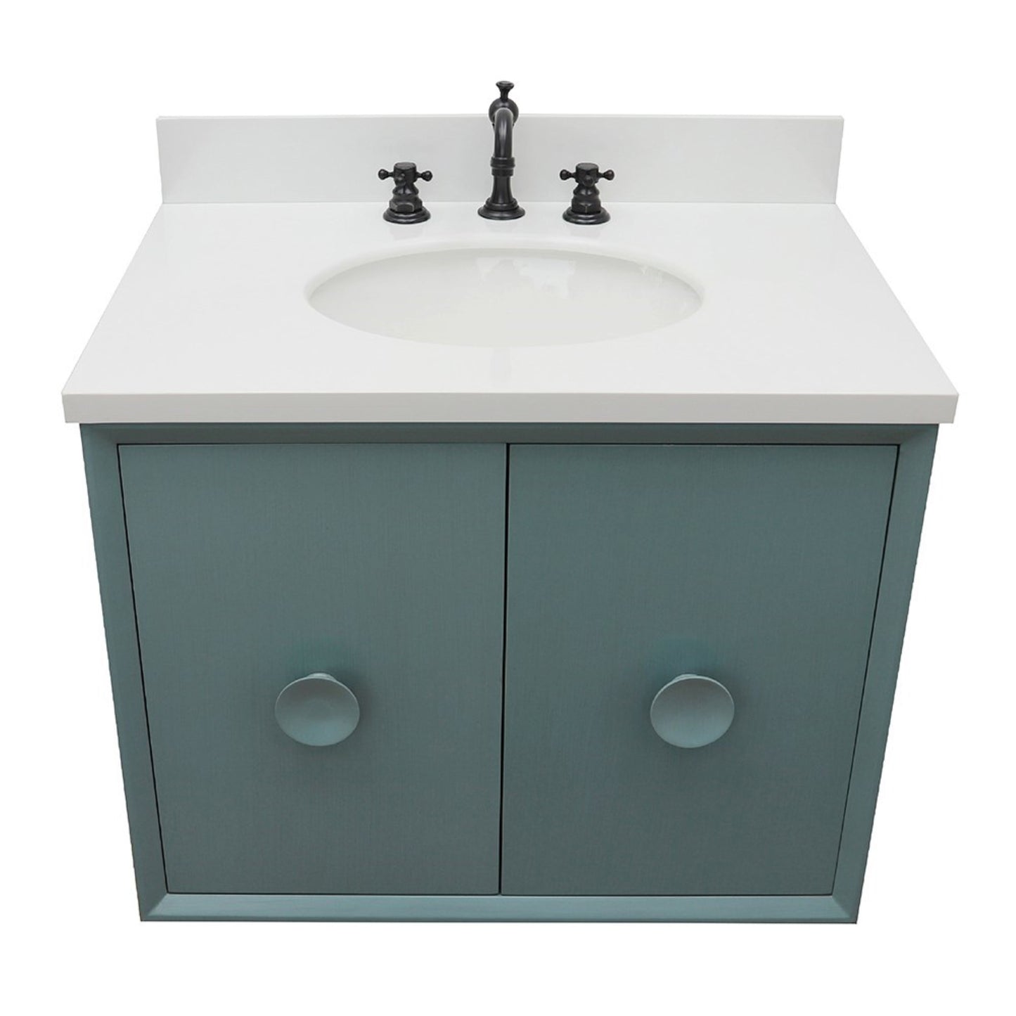 31" Single wall mount vanity in Aqua Blue finish with White engineered stone top and oval sink