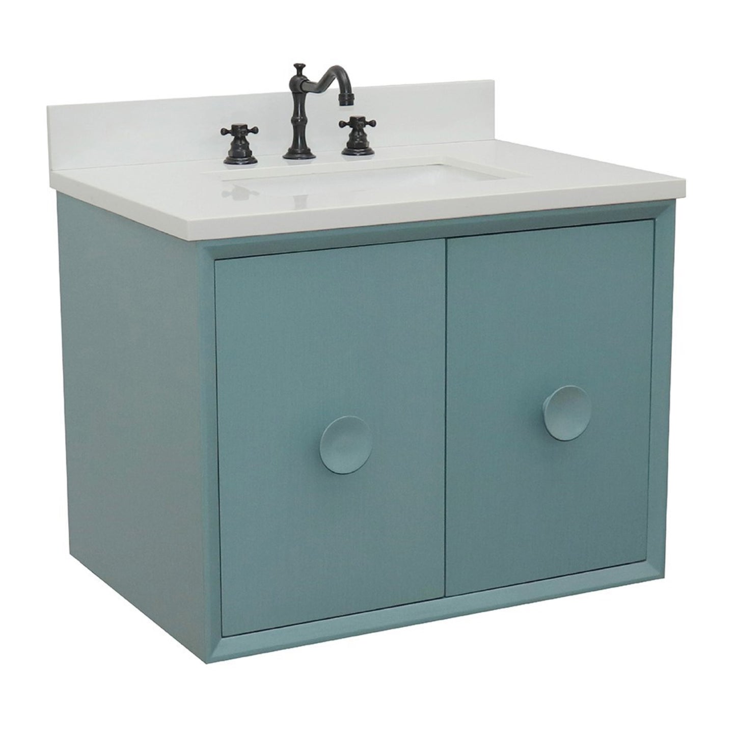 31" Single wall mount vanity in Aqua Blue finish with White engineered stone top and rectangle sink