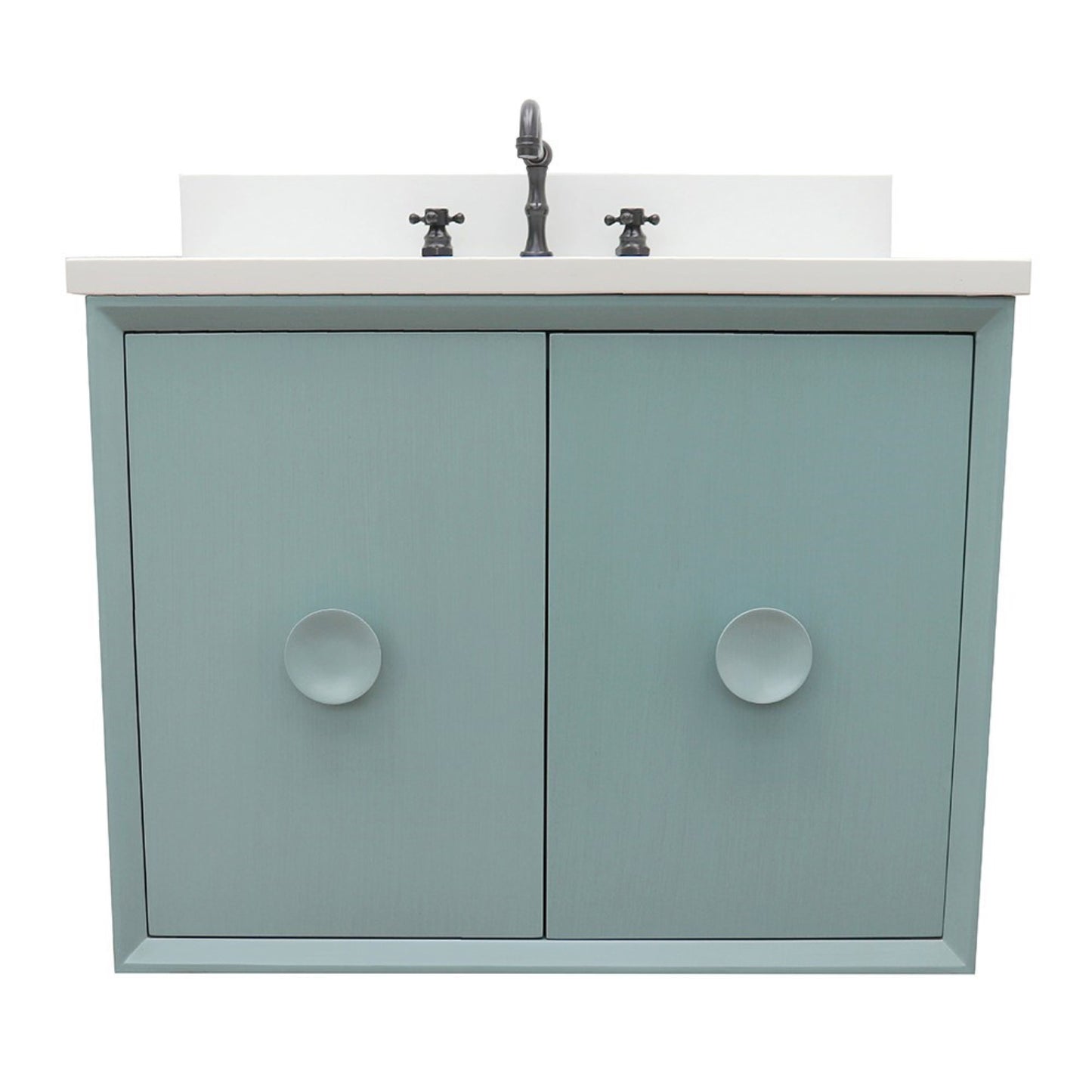 31" Single wall mount vanity in Aqua Blue finish with White engineered stone top and rectangle sink