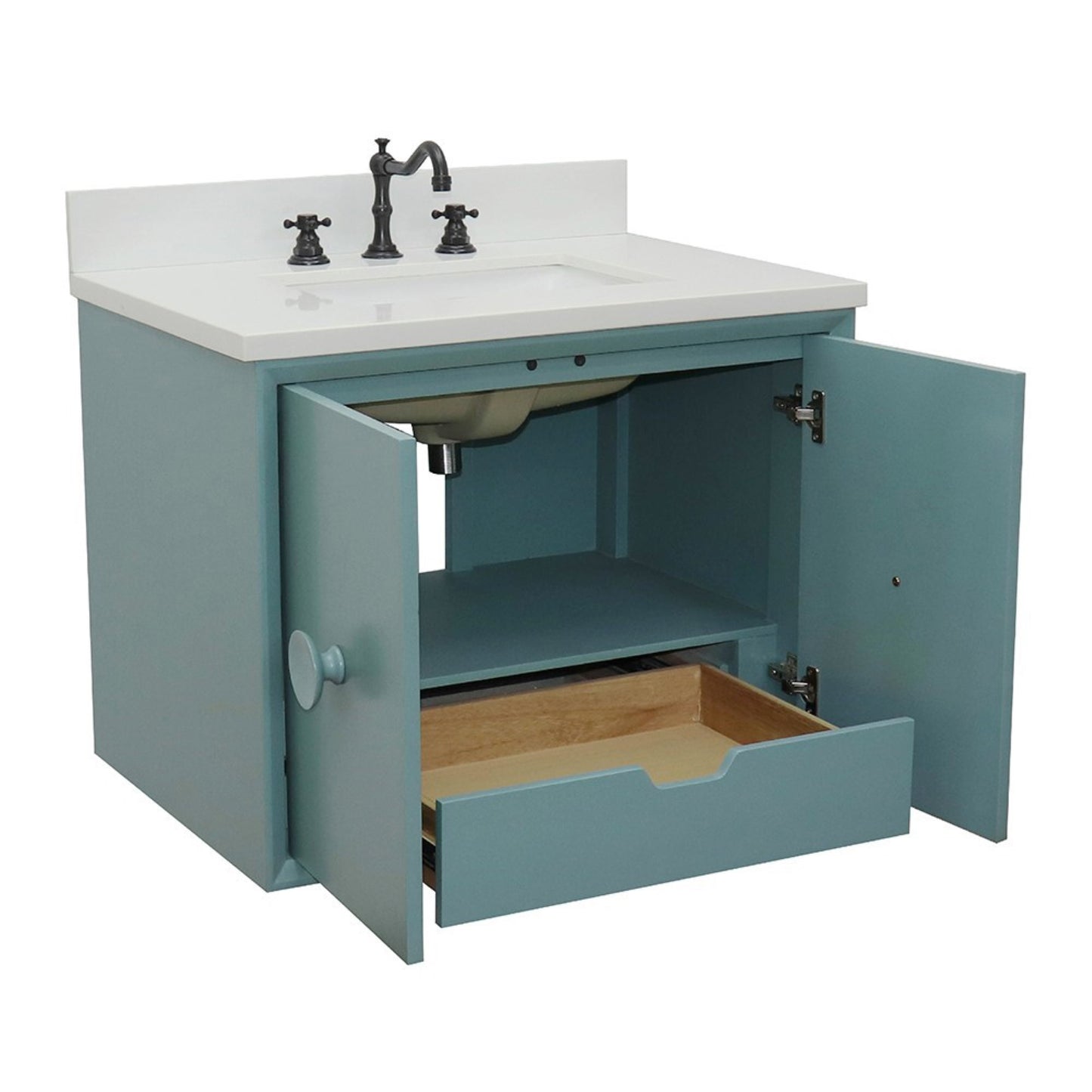 31" Single wall mount vanity in Aqua Blue finish with White engineered stone top and rectangle sink