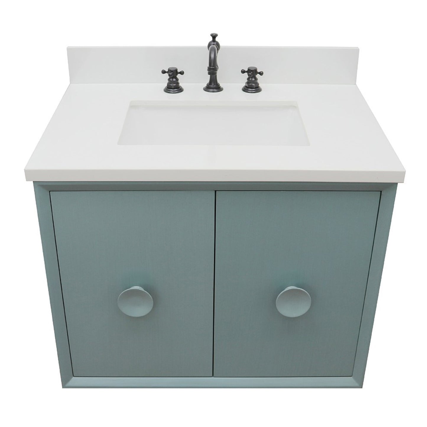 31" Single wall mount vanity in Aqua Blue finish with White engineered stone top and rectangle sink