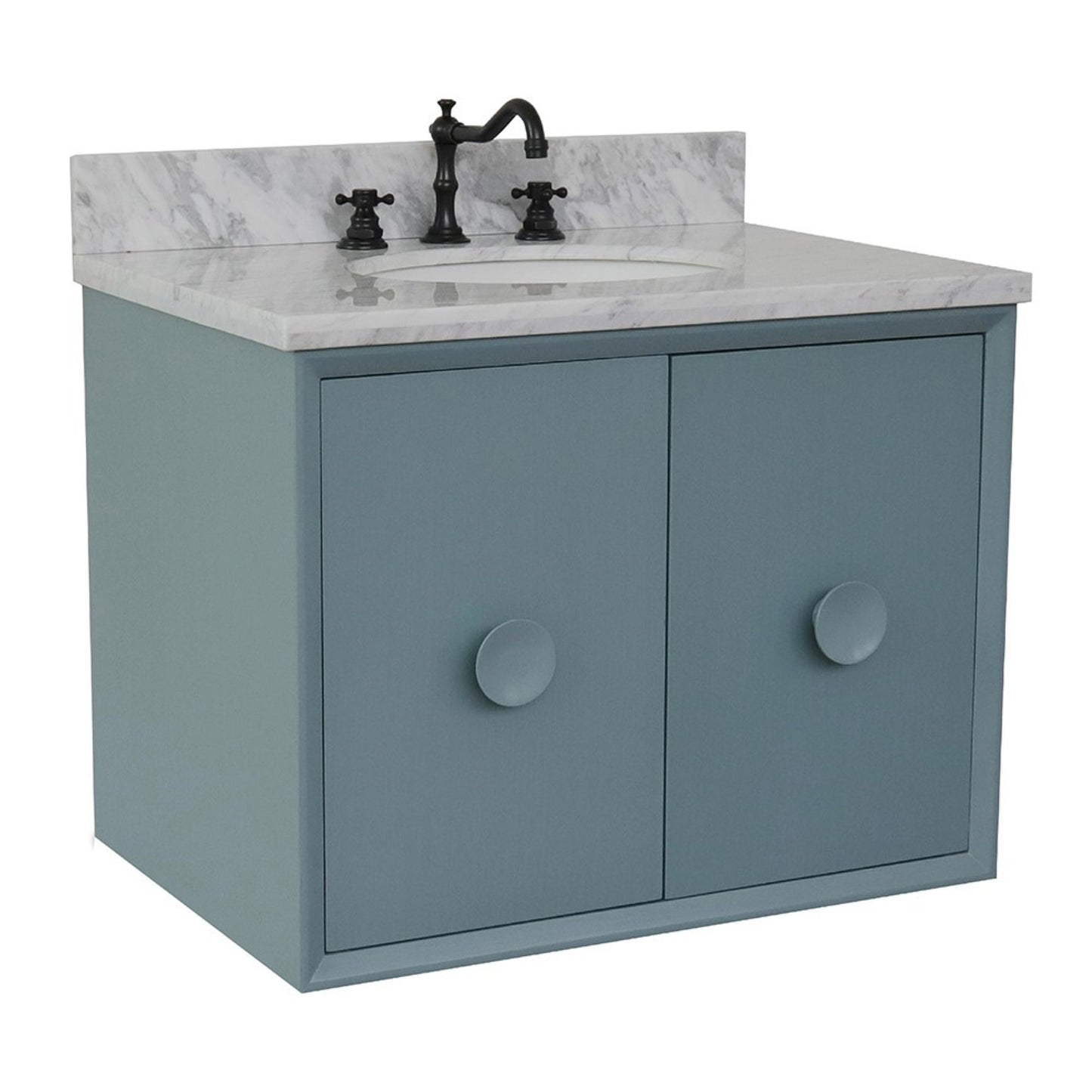31" Single wall mount vanity in Aqua Blue finish with White Carrara top and oval sink