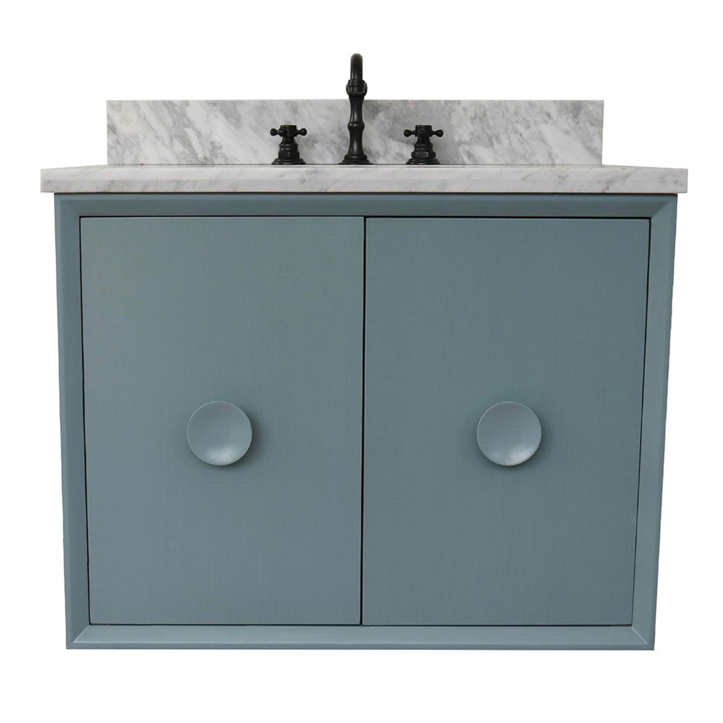 31" Single wall mount vanity in Aqua Blue finish with White Carrara top and oval sink