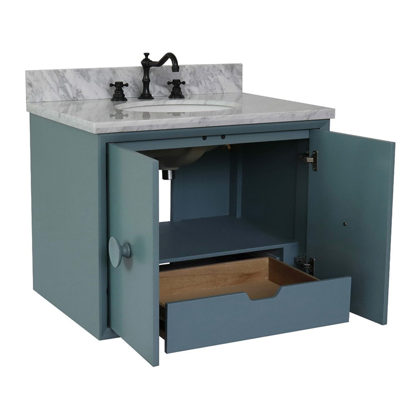 31" Single wall mount vanity in Aqua Blue finish with White Carrara top and oval sink