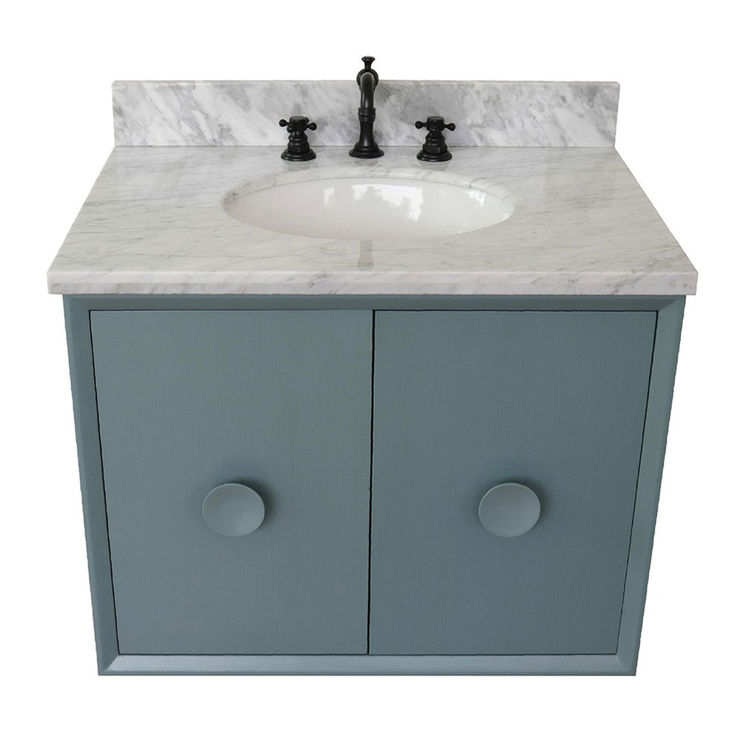 31" Single wall mount vanity in Aqua Blue finish with White Carrara top and oval sink