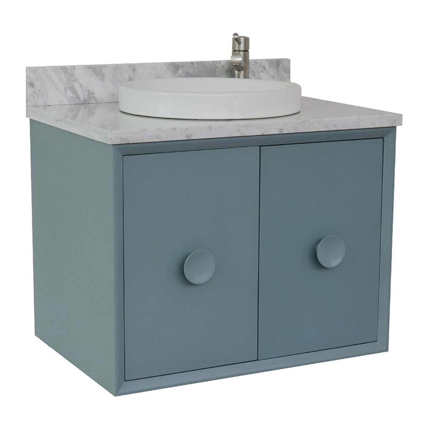 31" Single wall mount vanity in Aqua Blue finish with White Carrara top and round sink