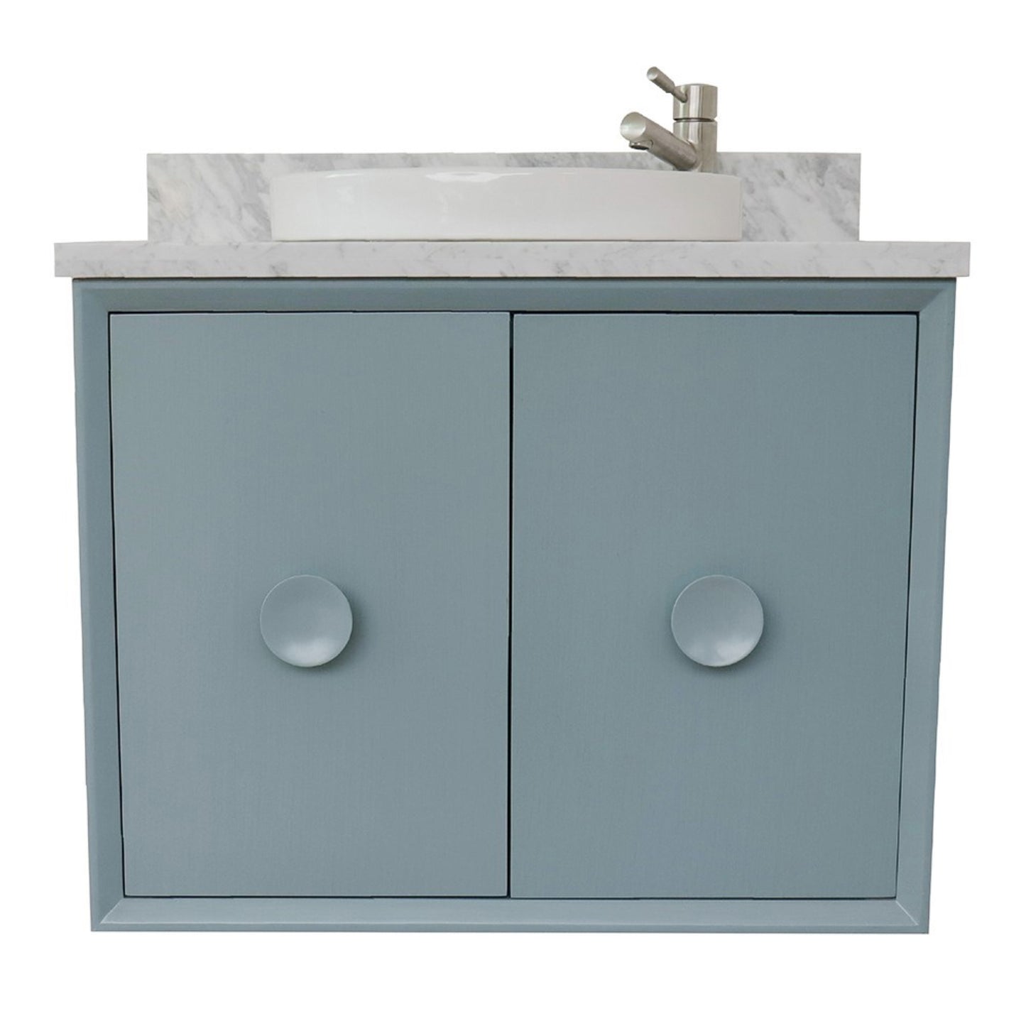 31" Single wall mount vanity in Aqua Blue finish with White Carrara top and round sink