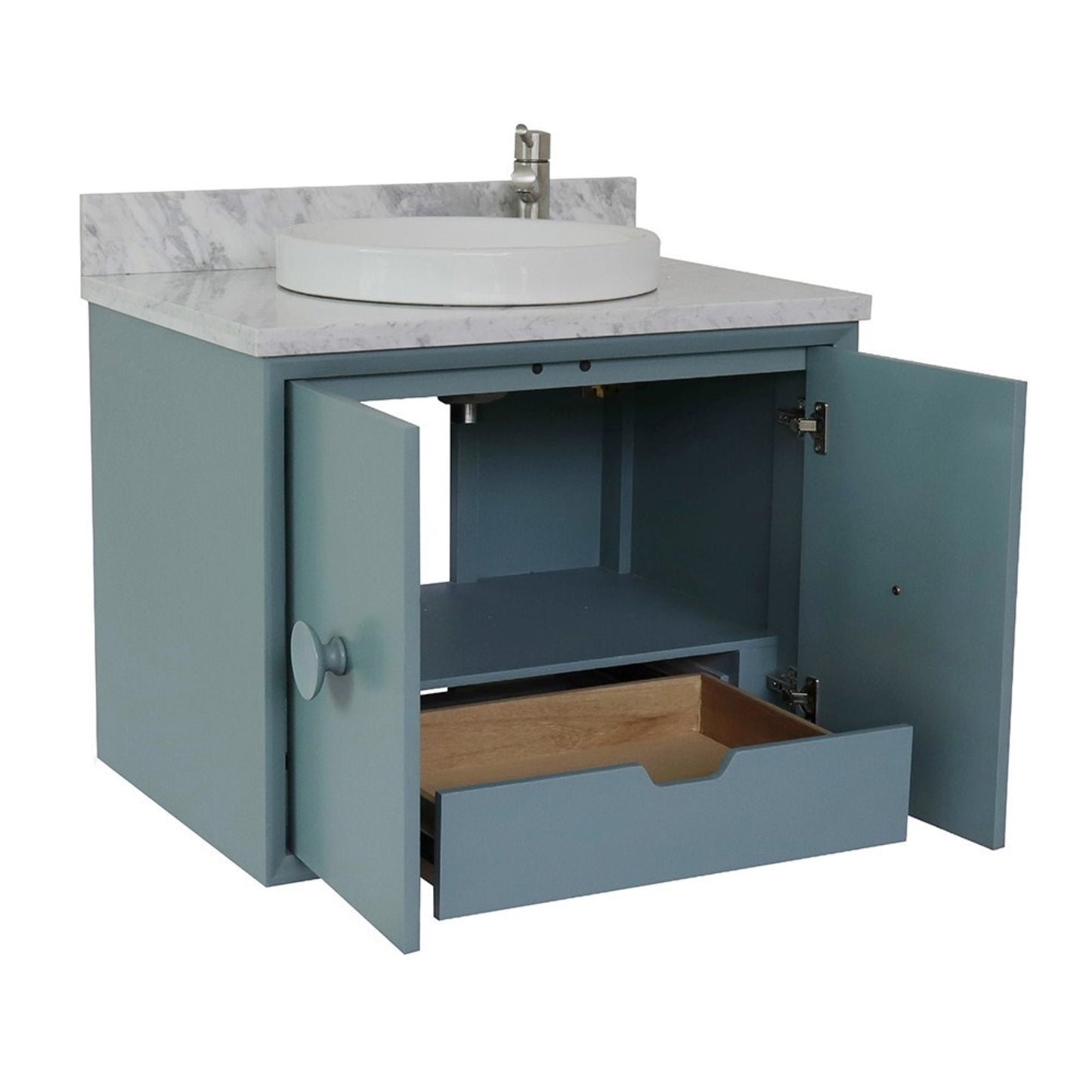 31" Single wall mount vanity in Aqua Blue finish with White Carrara top and round sink