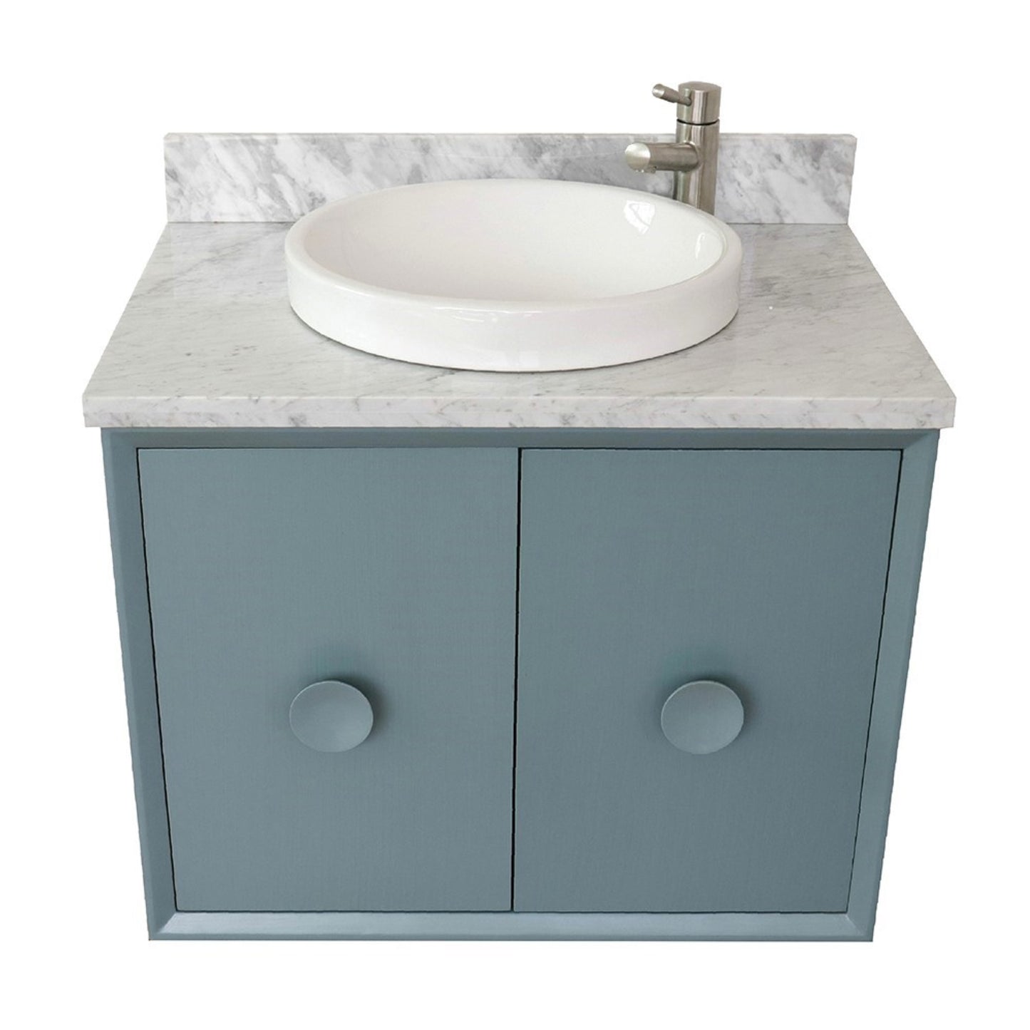 31" Single wall mount vanity in Aqua Blue finish with White Carrara top and round sink