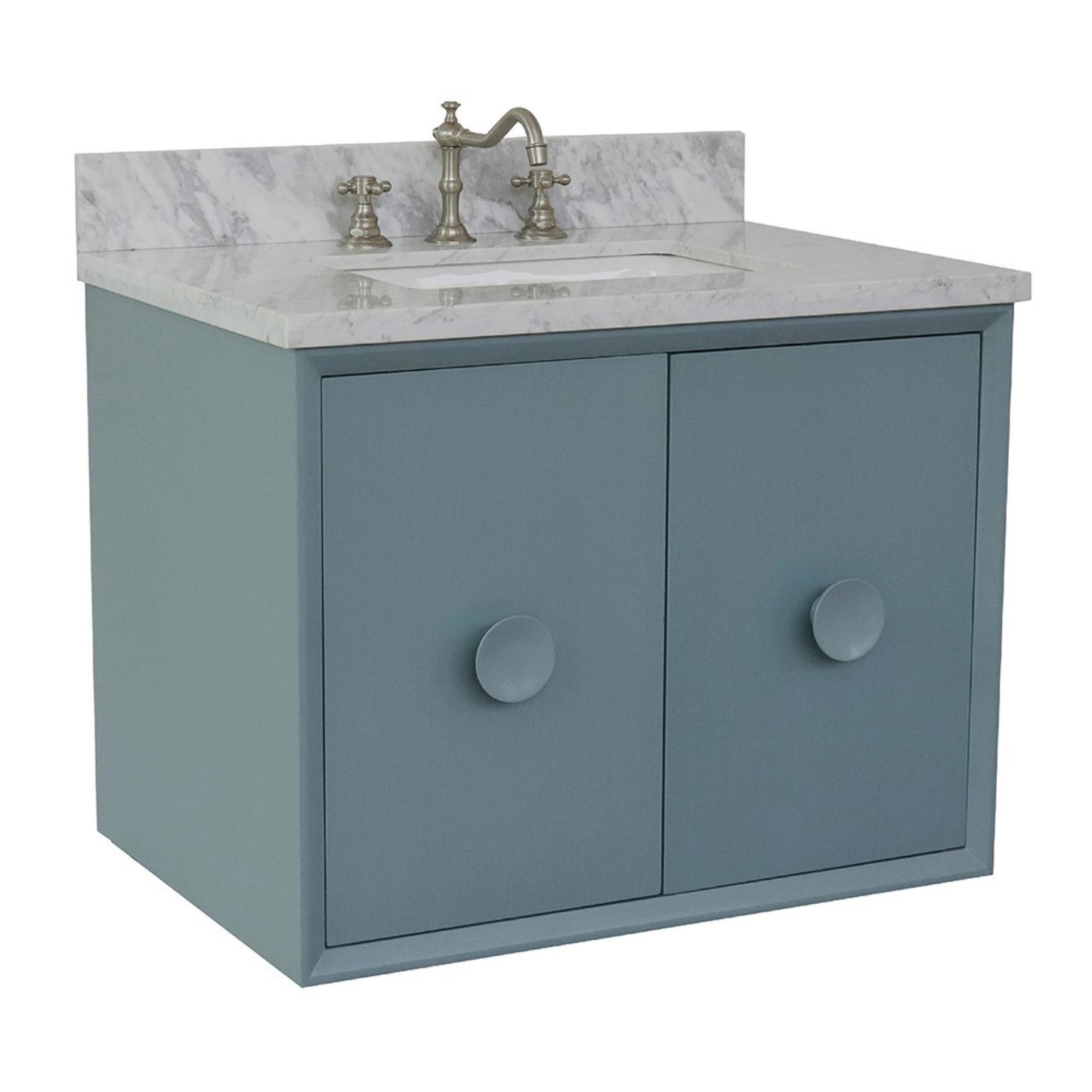 31" Single wall mount vanity in Aqua Blue finish with White Carrara top and rectangle sink