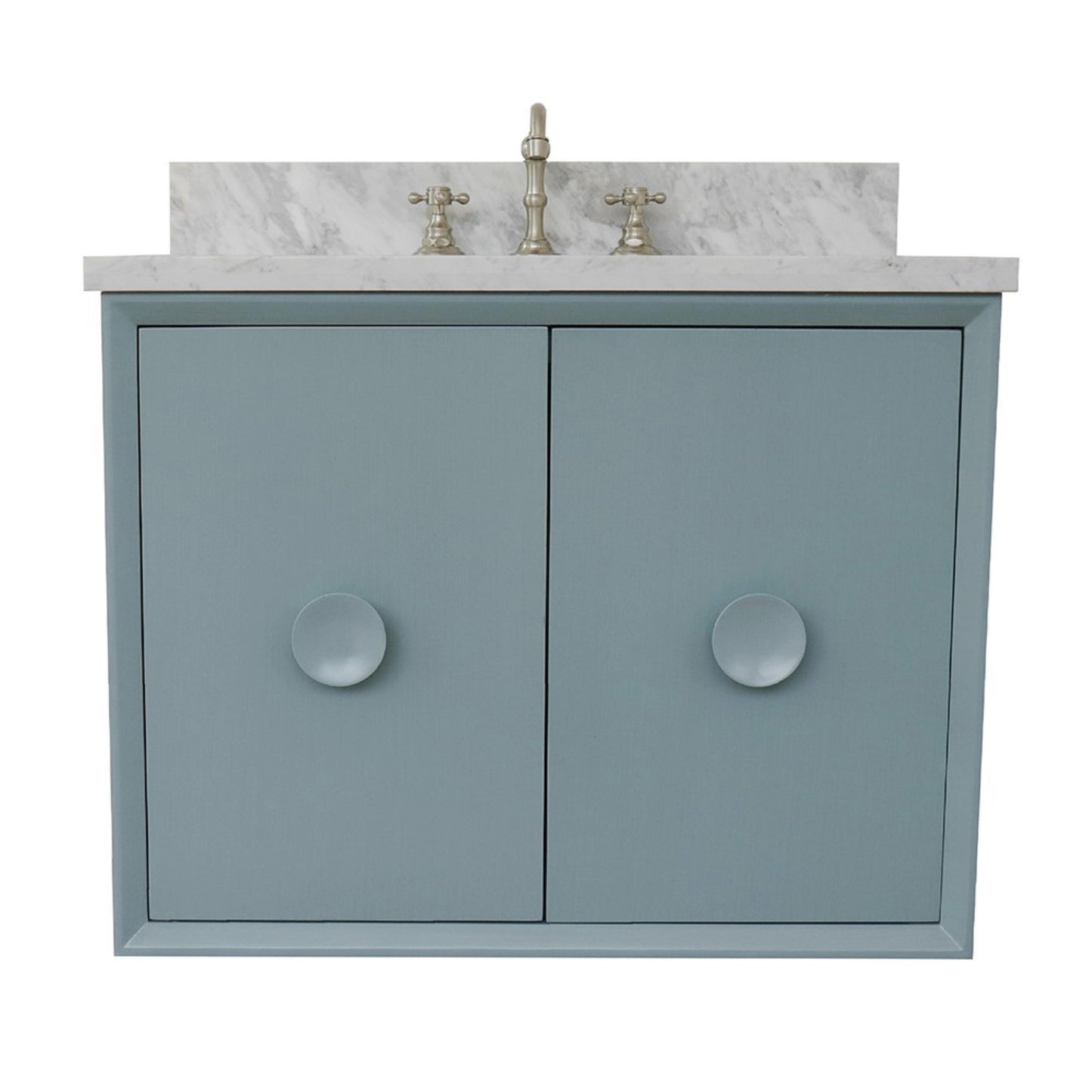 31" Single wall mount vanity in Aqua Blue finish with White Carrara top and rectangle sink