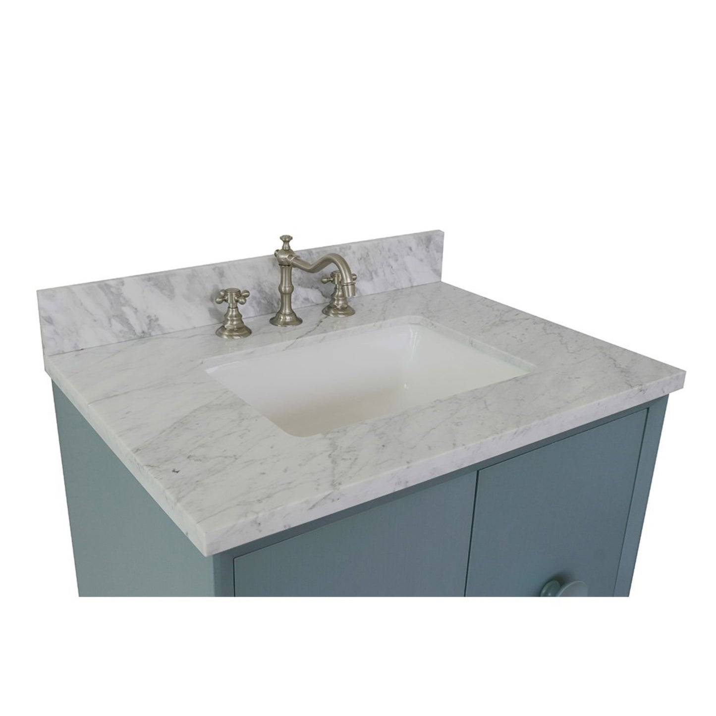 31" Single wall mount vanity in Aqua Blue finish with White Carrara top and rectangle sink