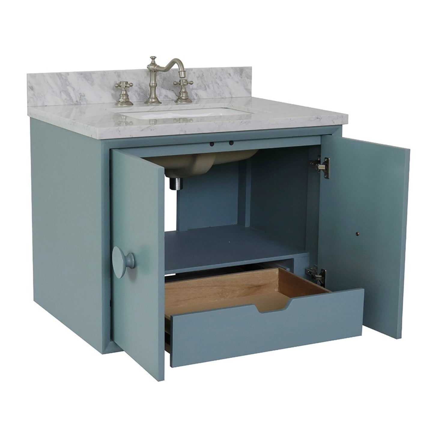 31" Single wall mount vanity in Aqua Blue finish with White Carrara top and rectangle sink