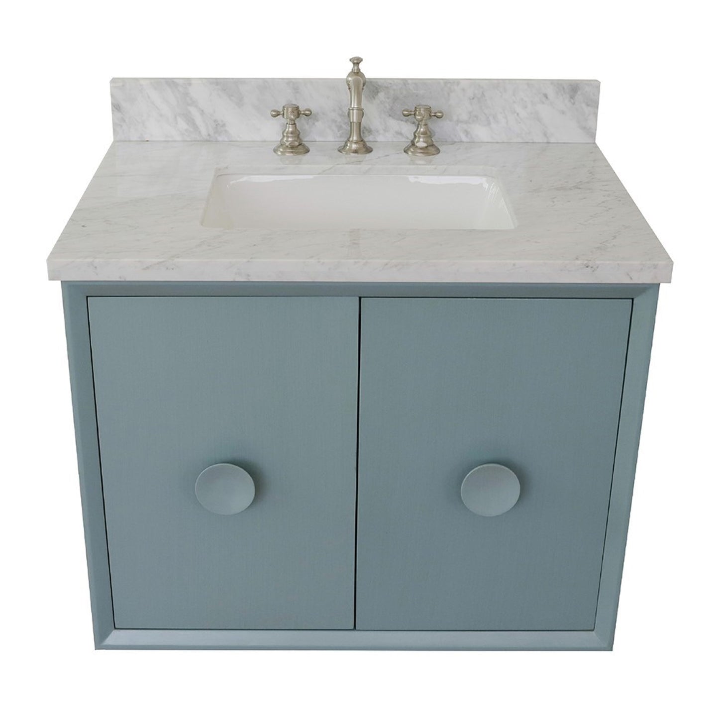 31" Single wall mount vanity in Aqua Blue finish with White Carrara top and rectangle sink