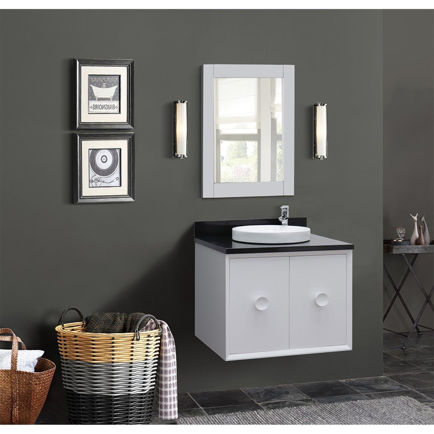 31" Single wall mount vanity in White finish with Black Galaxy top and round sink