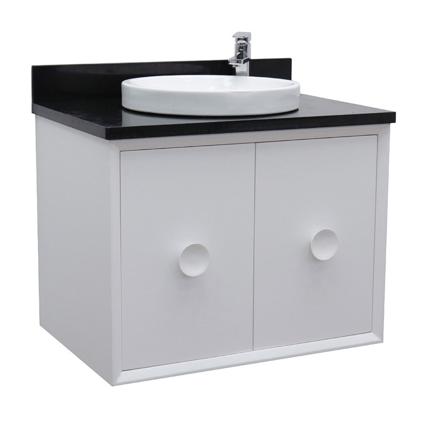 31" Single wall mount vanity in White finish with Black Galaxy top and round sink