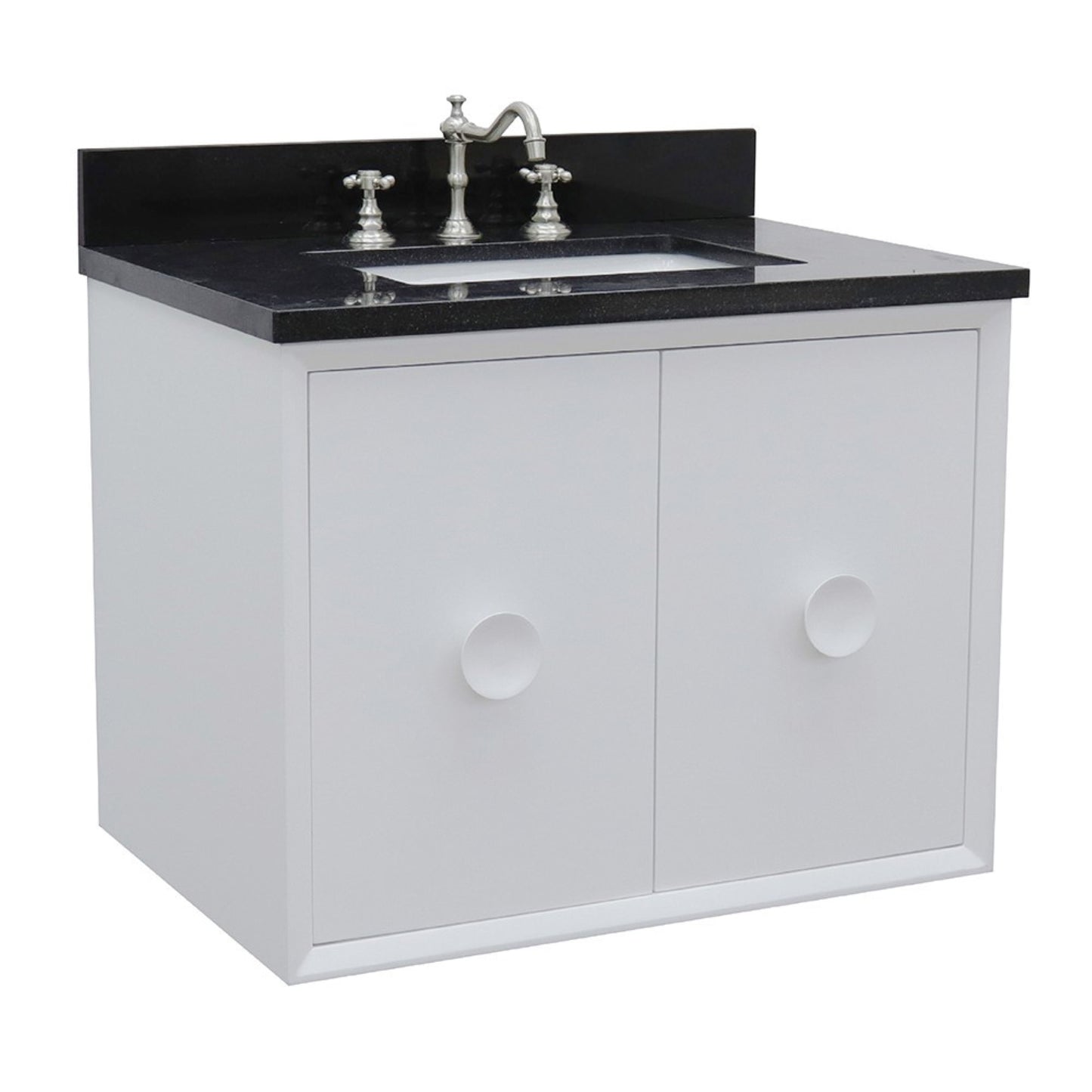 31" Single wall mount vanity in White finish with Black Galaxy top and rectangle sink