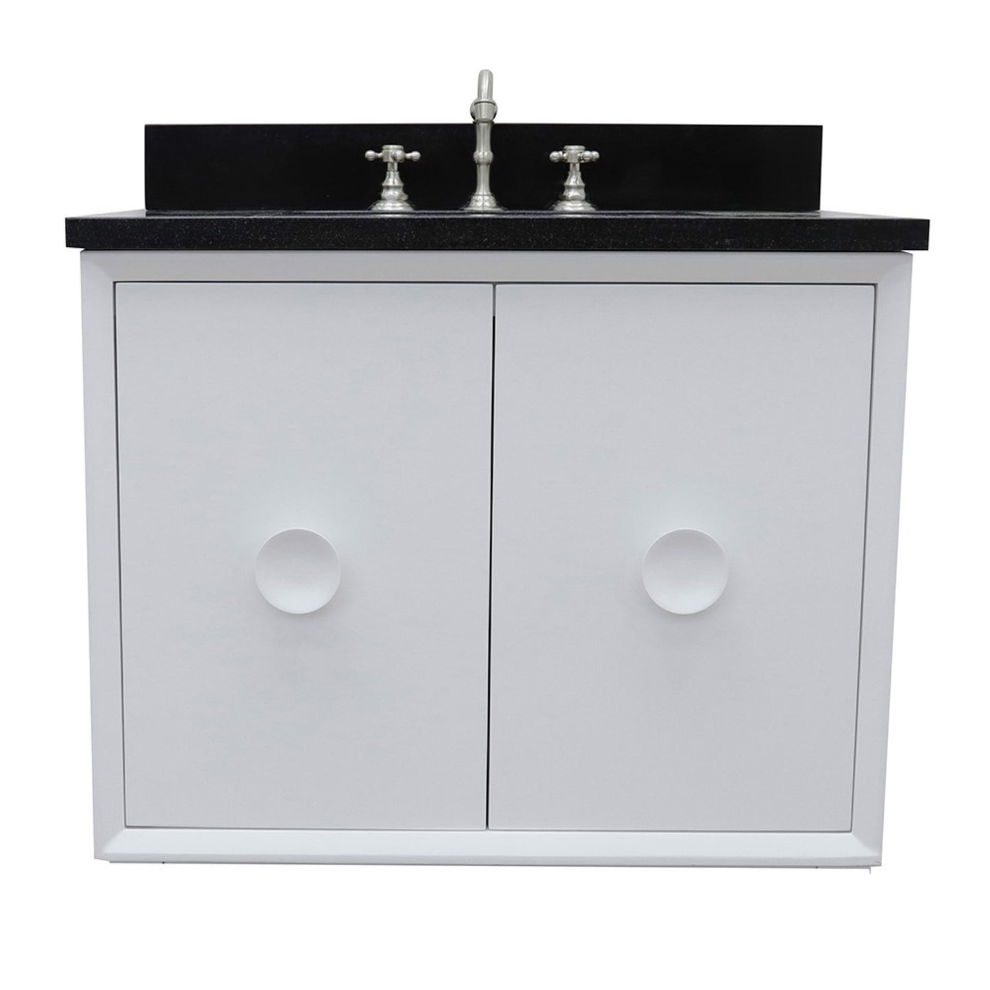 31" Single wall mount vanity in White finish with Black Galaxy top and rectangle sink