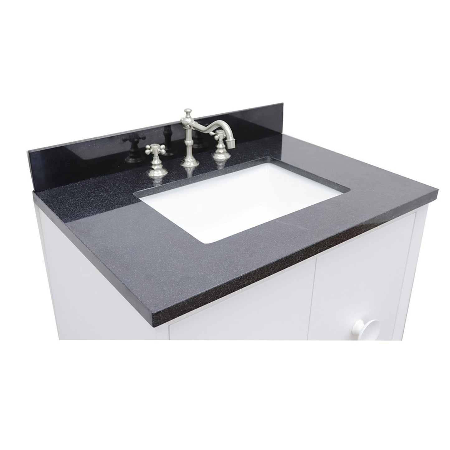 31" Single wall mount vanity in White finish with Black Galaxy top and rectangle sink