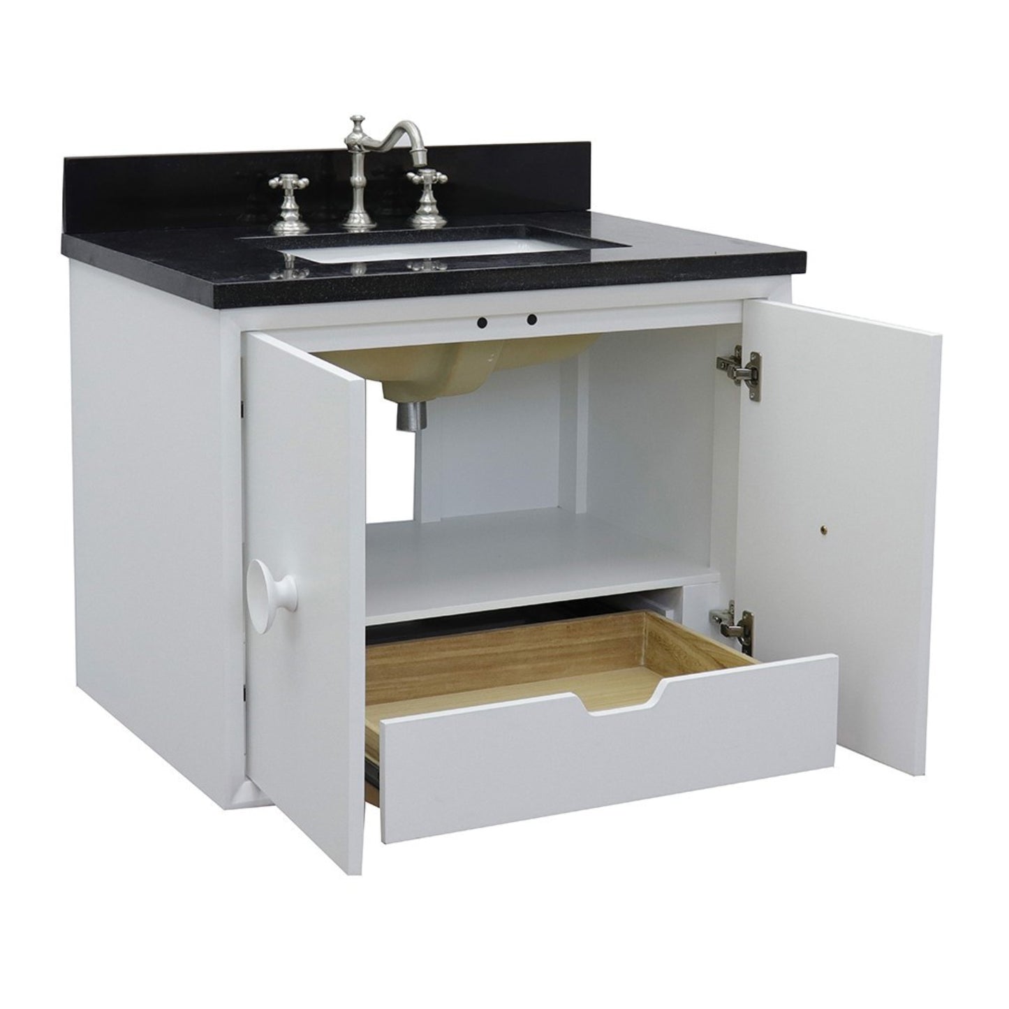 31" Single wall mount vanity in White finish with Black Galaxy top and rectangle sink