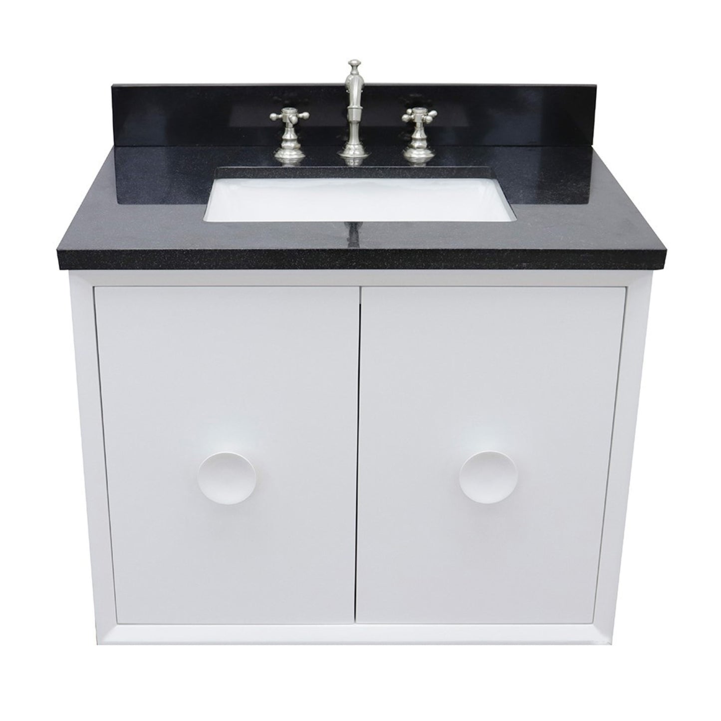 31" Single wall mount vanity in White finish with Black Galaxy top and rectangle sink