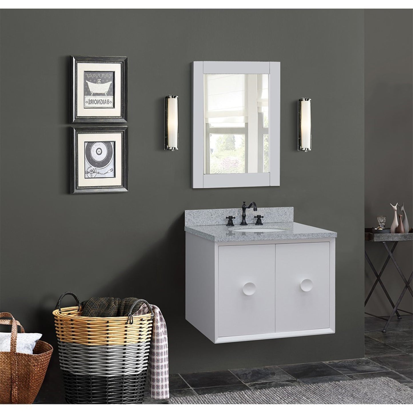 31" Single wall mount vanity in White finish with Gray granite top and oval sink
