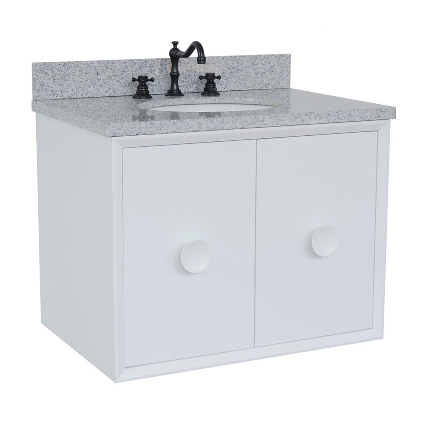 31" Single wall mount vanity in White finish with Gray granite top and oval sink
