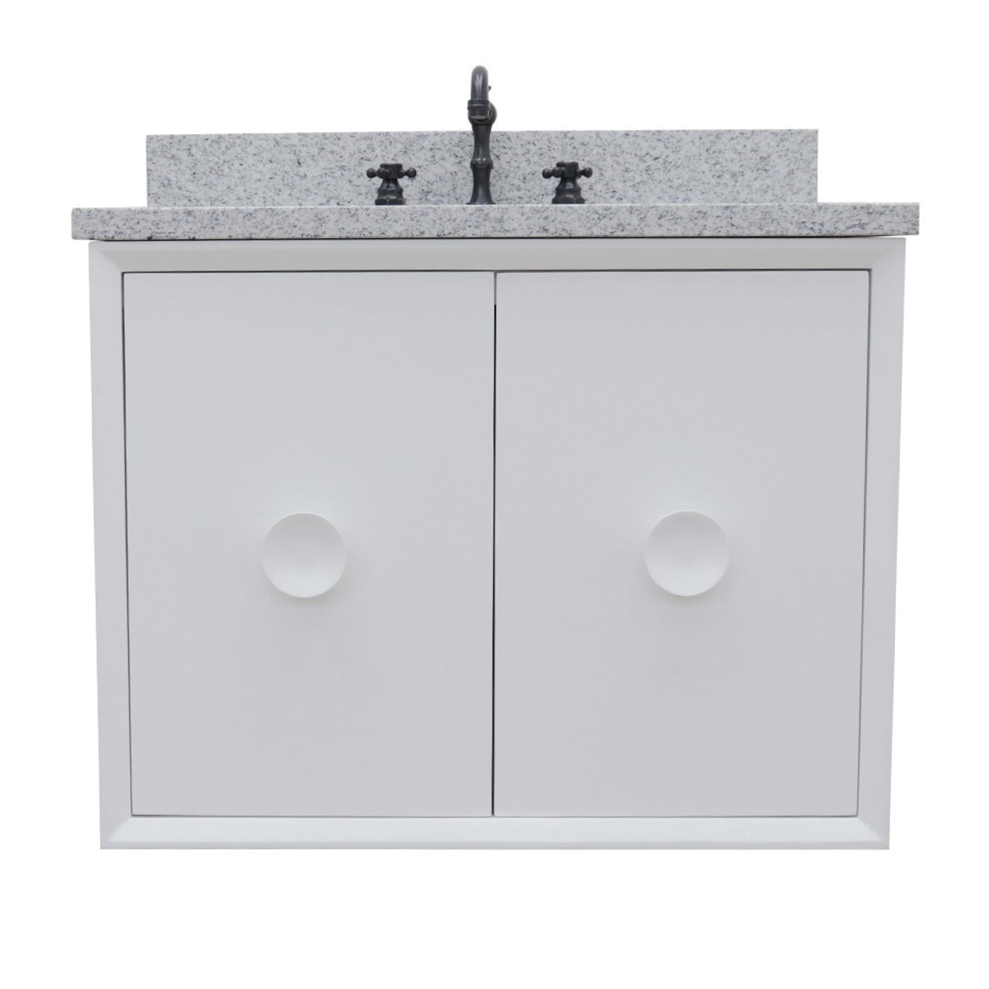 31" Single wall mount vanity in White finish with Gray granite top and oval sink