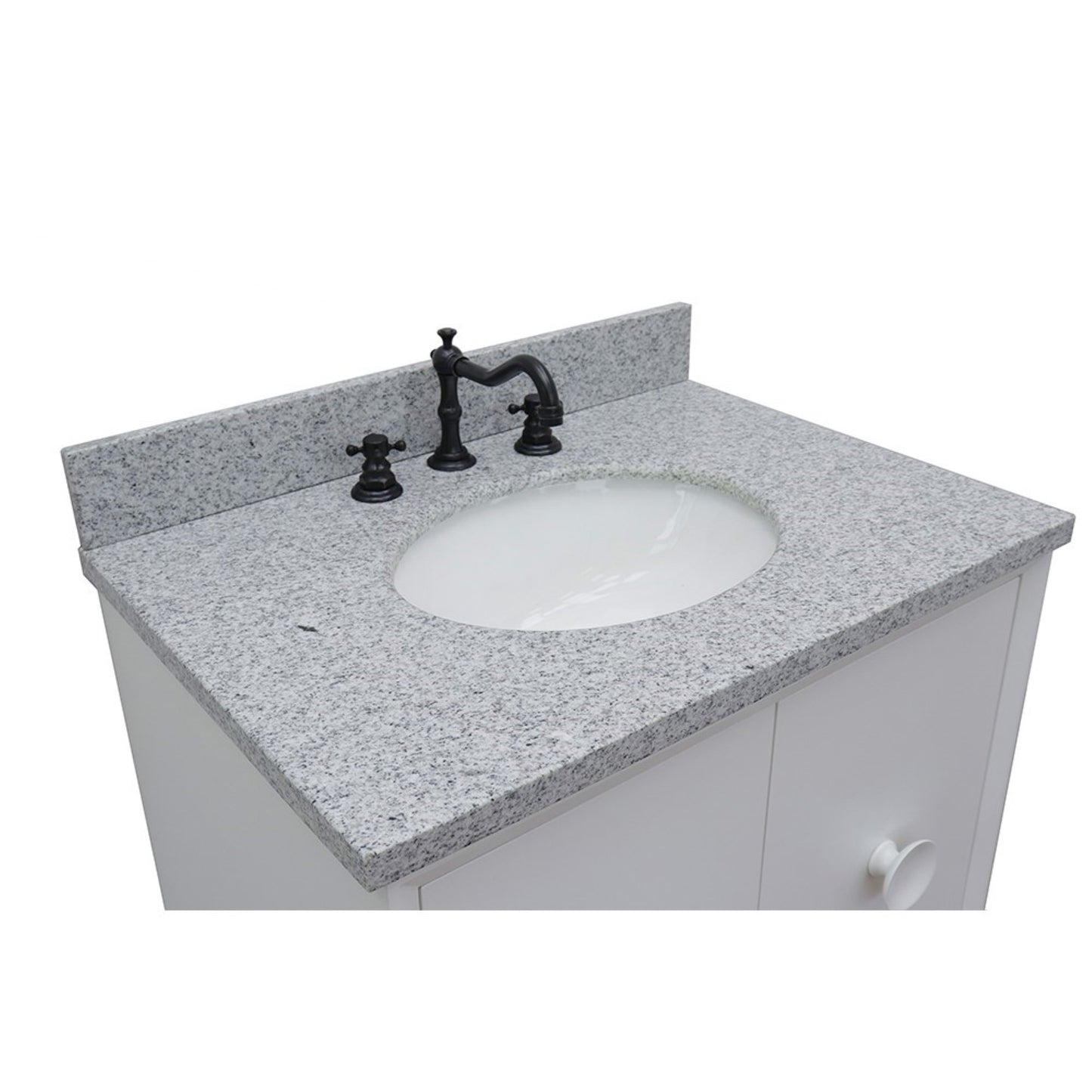 31" Single wall mount vanity in White finish with Gray granite top and oval sink