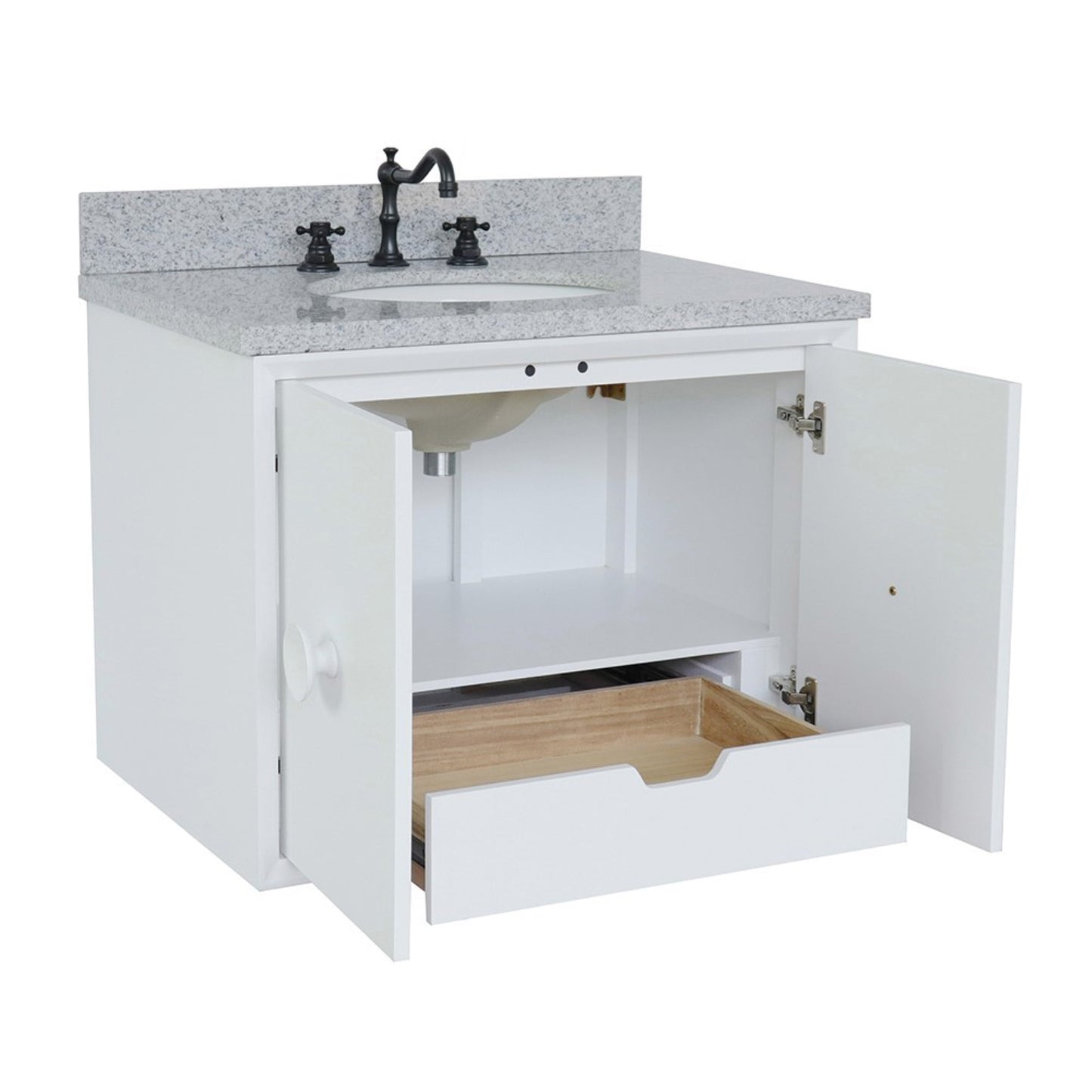 31" Single wall mount vanity in White finish with Gray granite top and oval sink