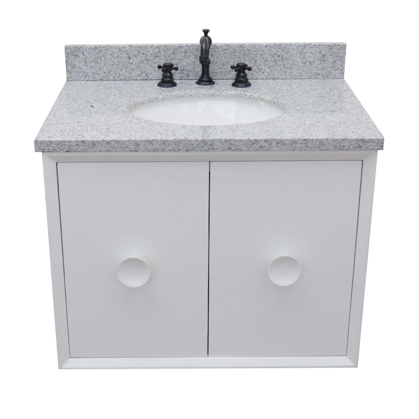31" Single wall mount vanity in White finish with Gray granite top and oval sink