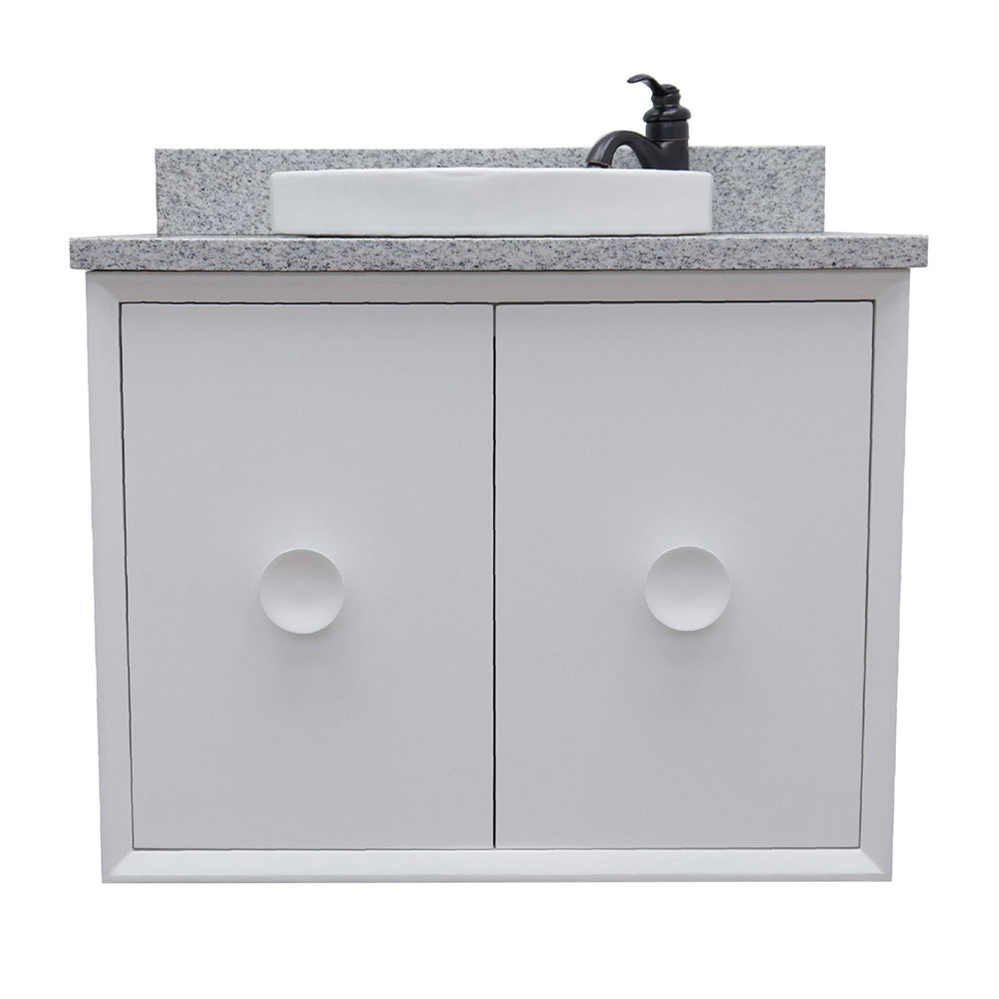 31" Single wall mount vanity in White finish with Gray granite top and round sink