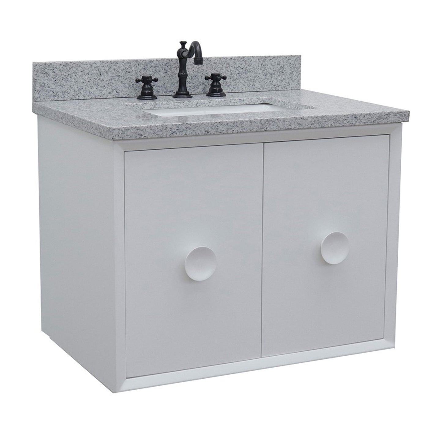 31" Single wall mount vanity in White finish with Gray granite top and rectangle sink