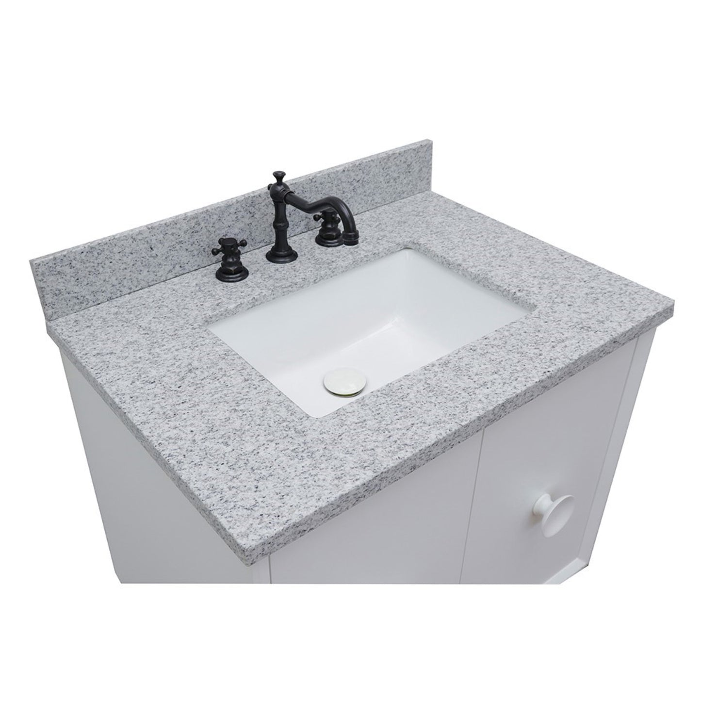 31" Single wall mount vanity in White finish with Gray granite top and rectangle sink