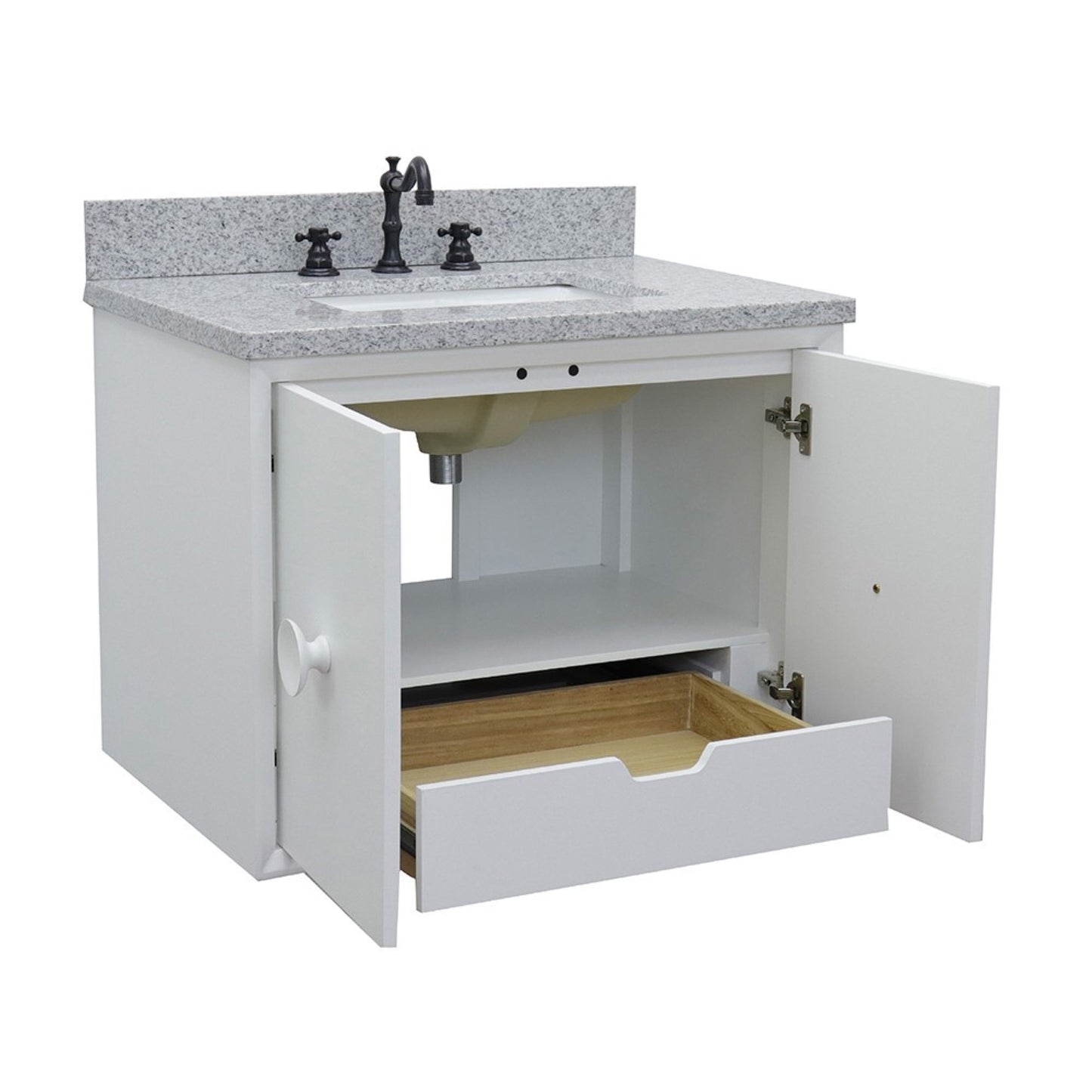 31" Single wall mount vanity in White finish with Gray granite top and rectangle sink