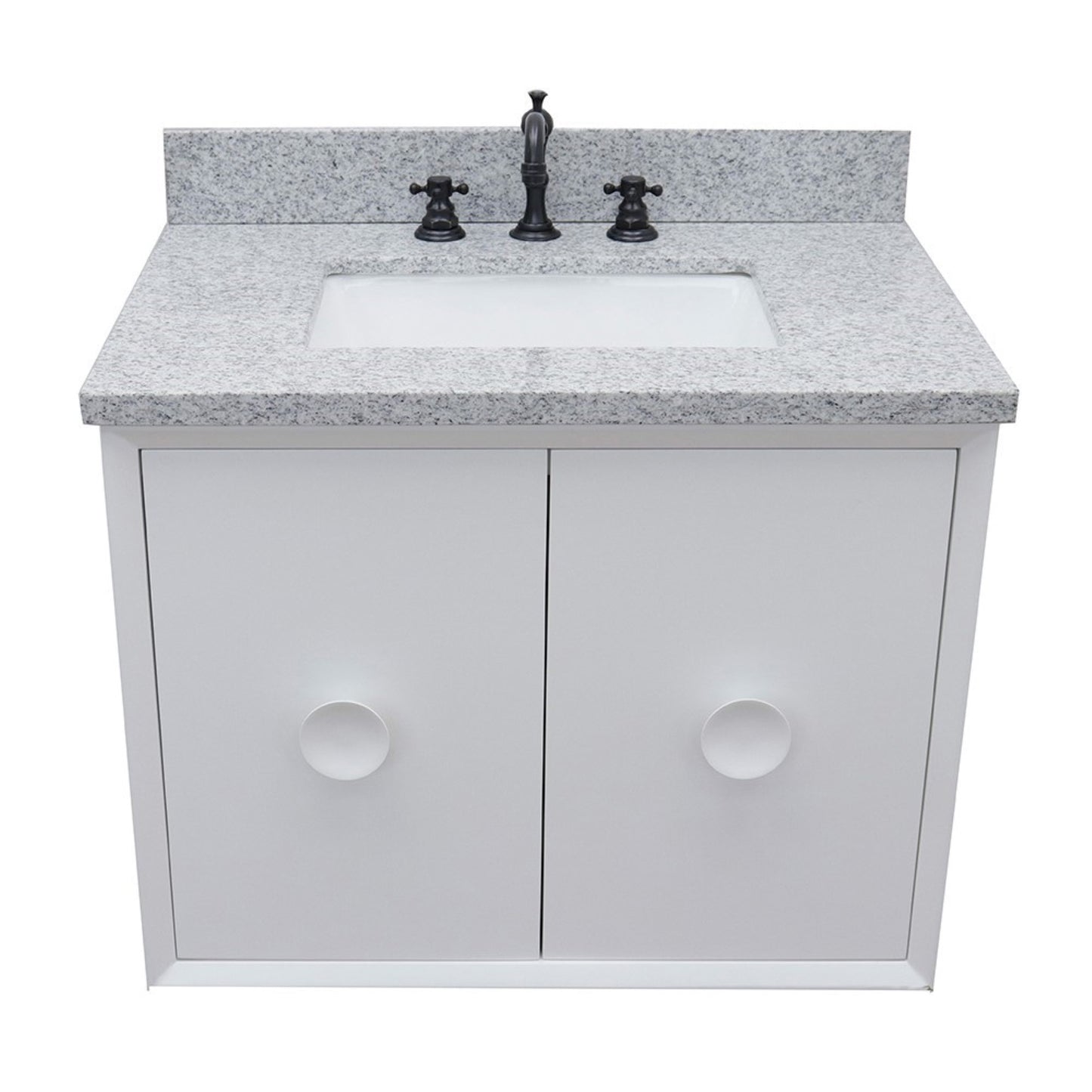 31" Single wall mount vanity in White finish with Gray granite top and rectangle sink