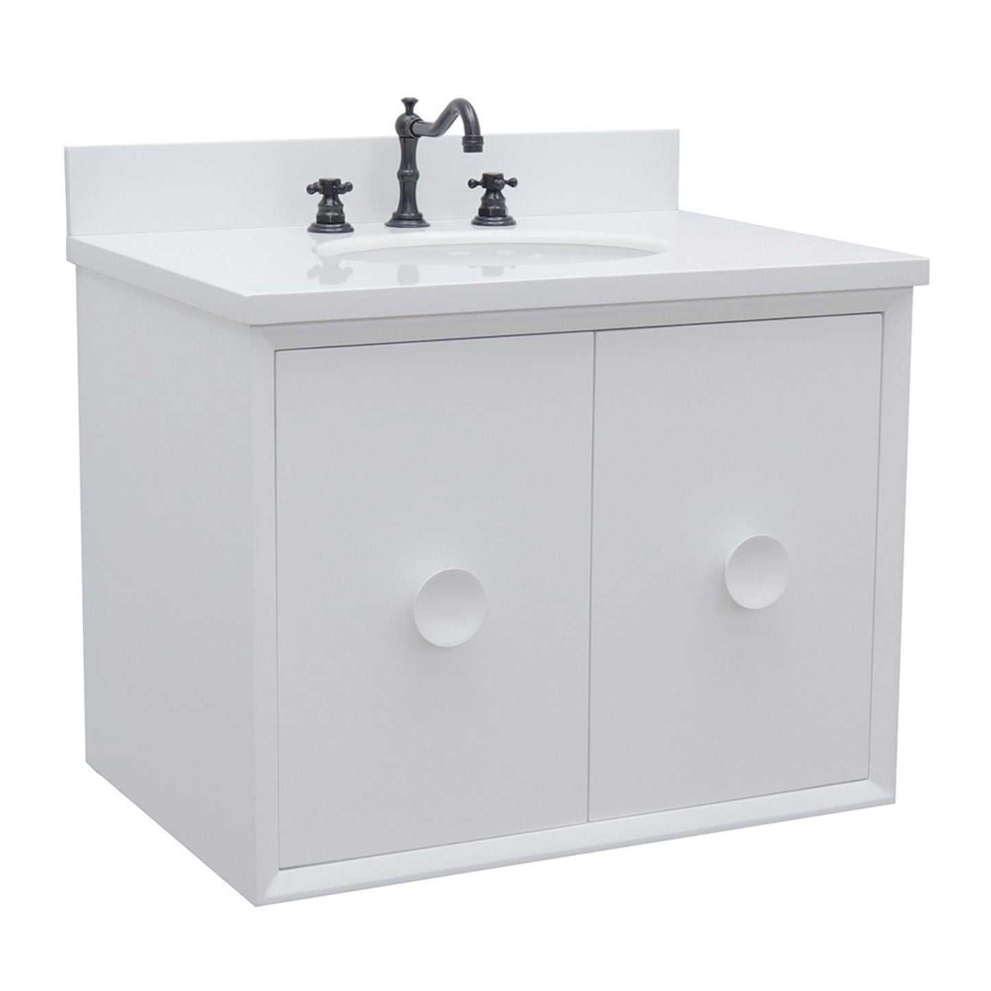31" Single wall mount vanity in White finish with White engineered stone top and oval sink