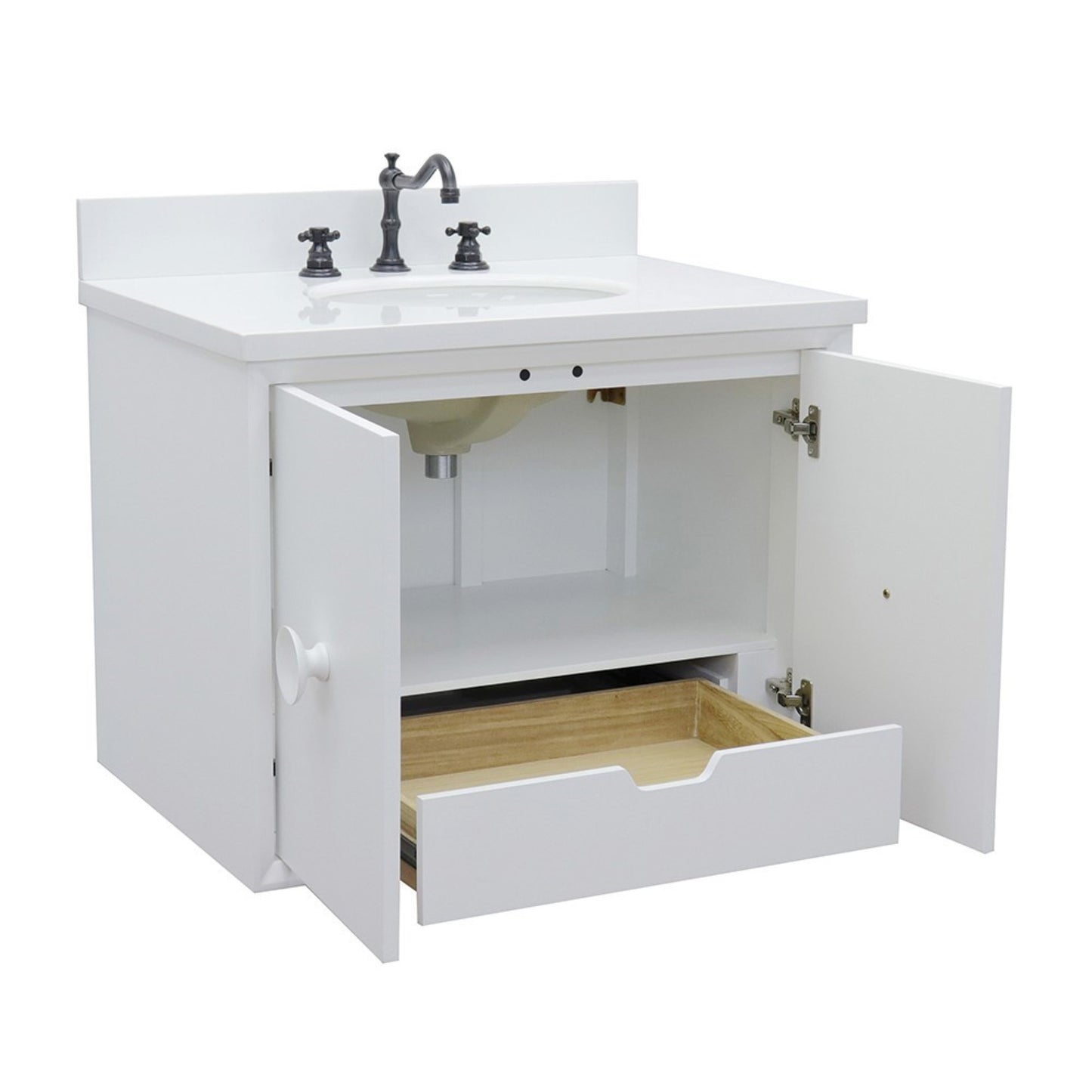 31" Single wall mount vanity in White finish with White engineered stone top and oval sink