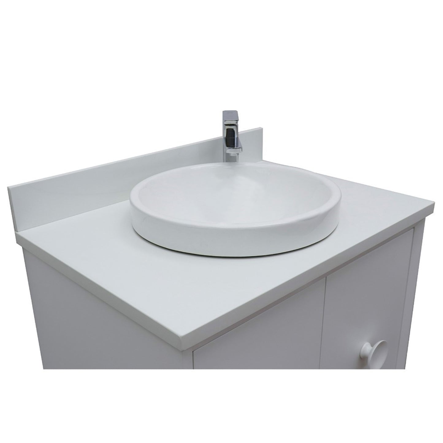 31" Single wall mount vanity in White finish with White engineered stone top and round sink