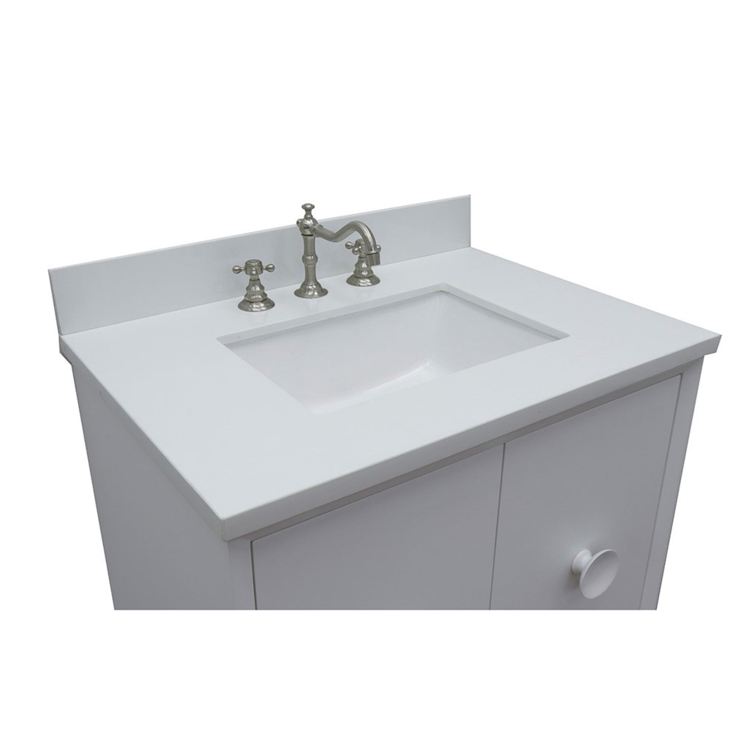 31" Single wall mount vanity in White finish with White engineered stone top and rectangle sink